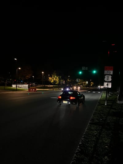 A night picture of the street just outside of Princeton Station.